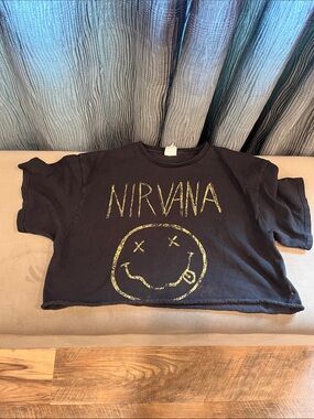 NIRVANA Black Crop Tee with Yellow Smiley Logo